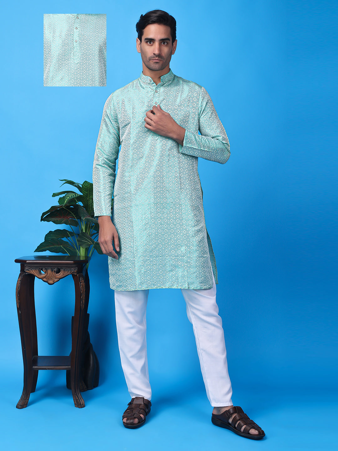 Hangup Men Partywear Weaved  Blue Kurta Pyjama Set