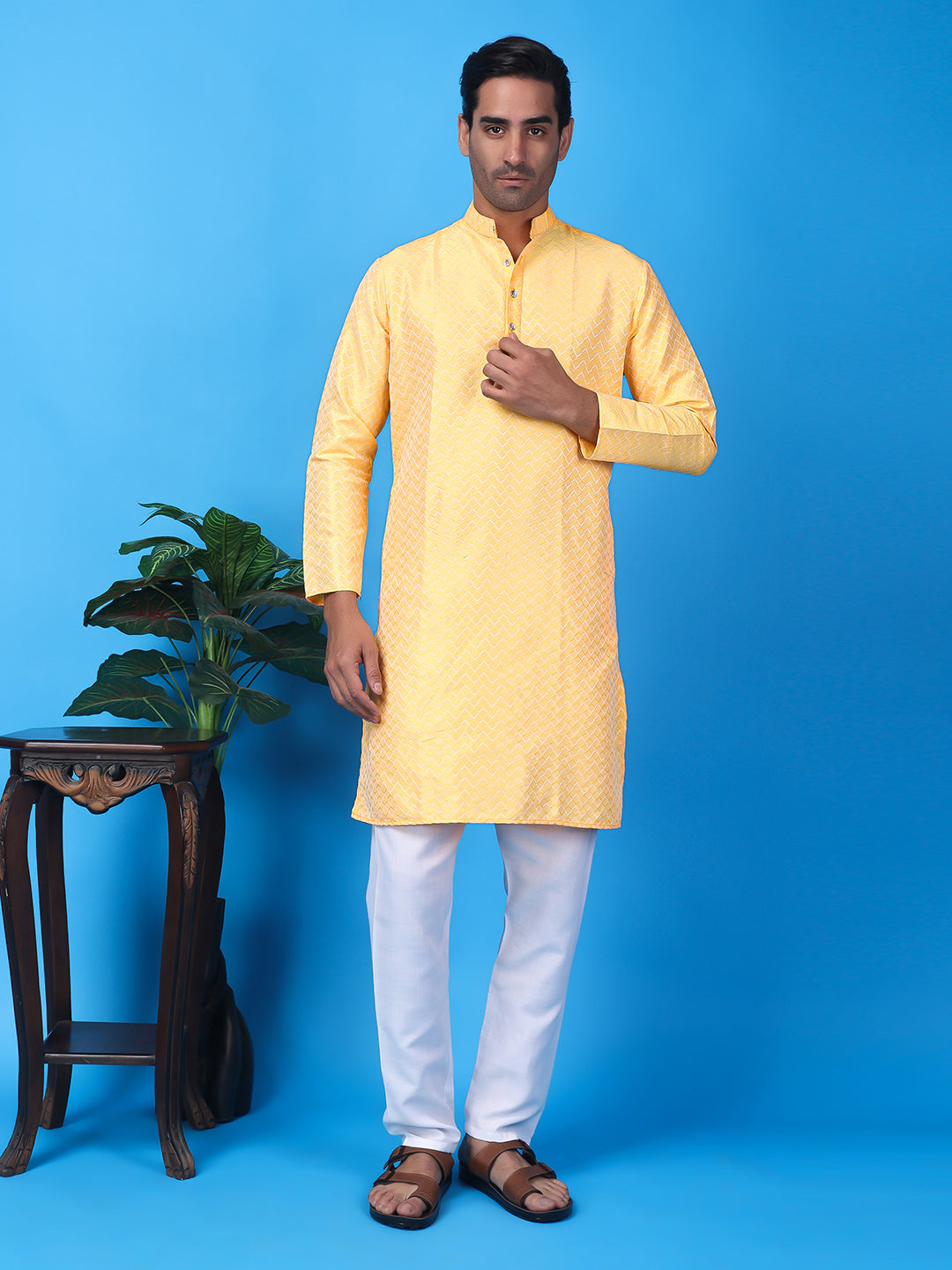 Hangup Men Partywear Weaved  Yellow Kurta Pyjama Set