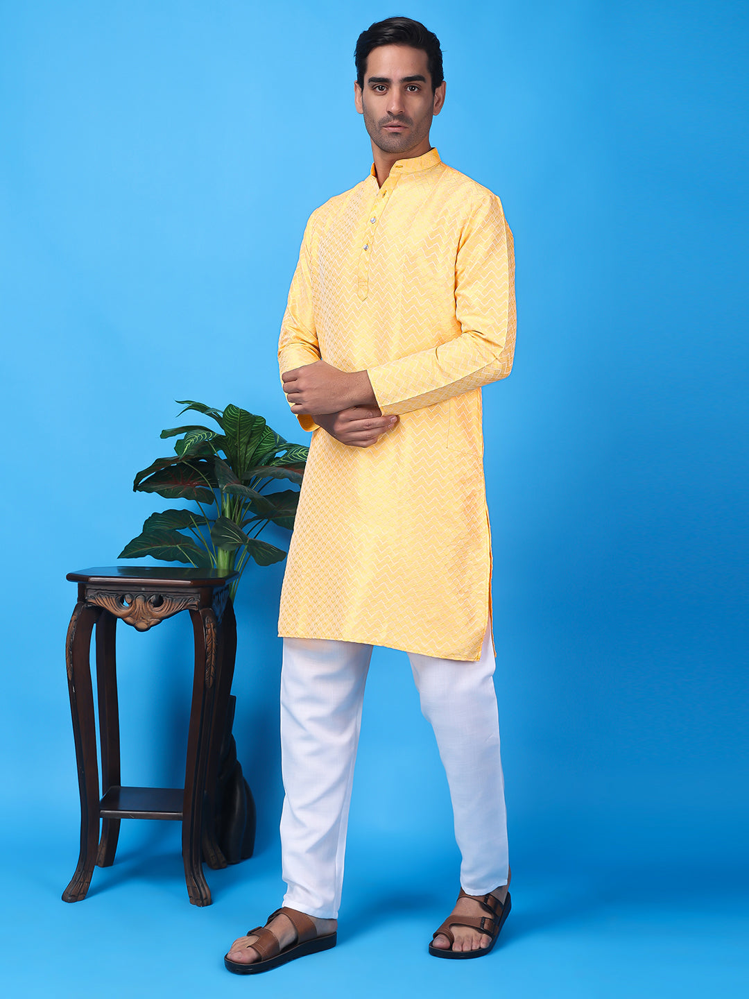 Hangup Men Partywear Weaved  Yellow Kurta Pyjama Set