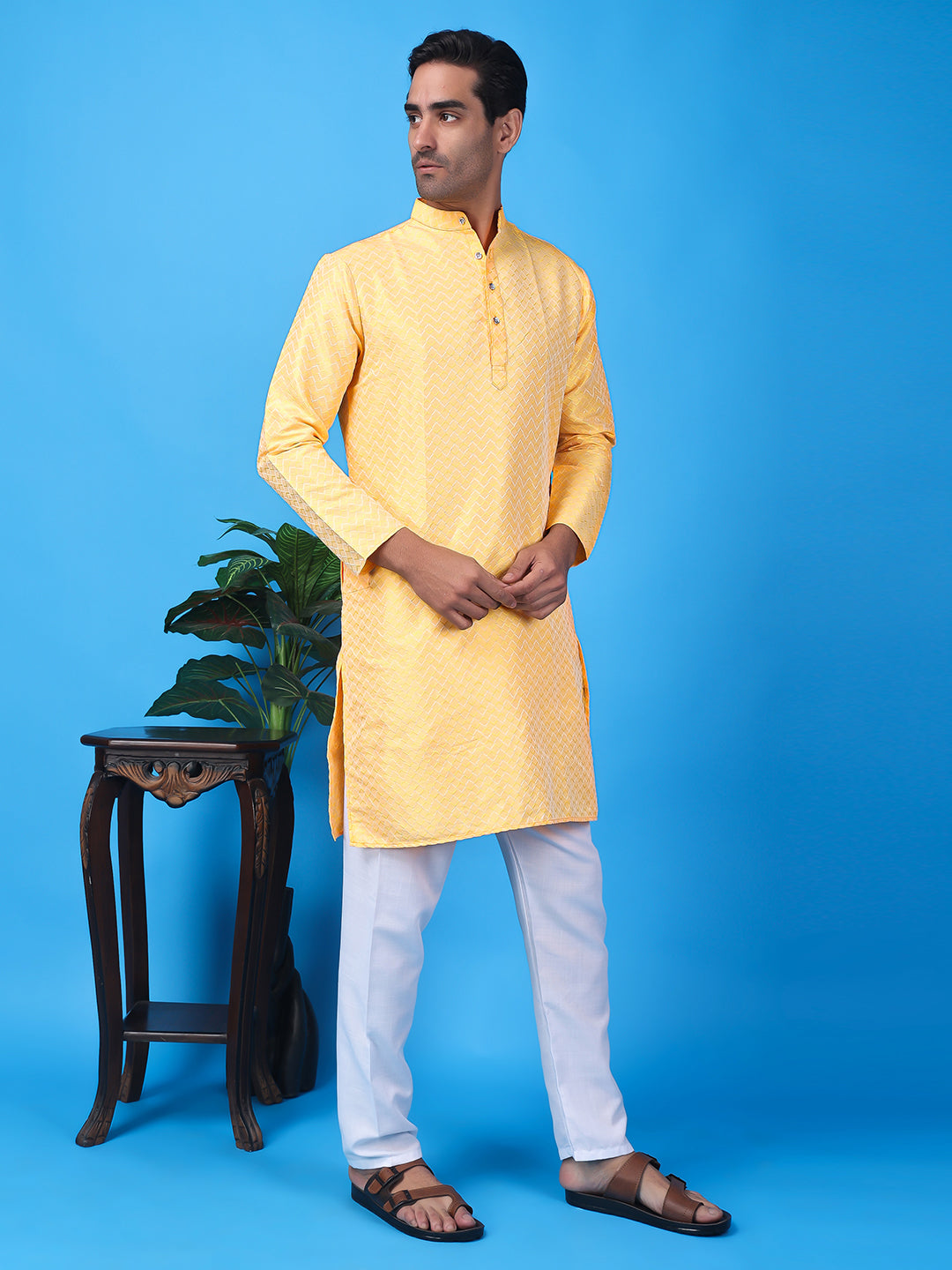 Hangup Men Partywear Weaved  Yellow Kurta Pyjama Set