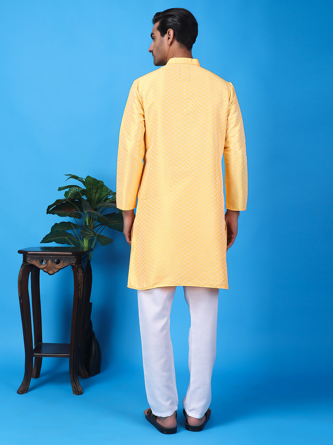 Hangup Men Partywear Weaved  Yellow Kurta Pyjama Set