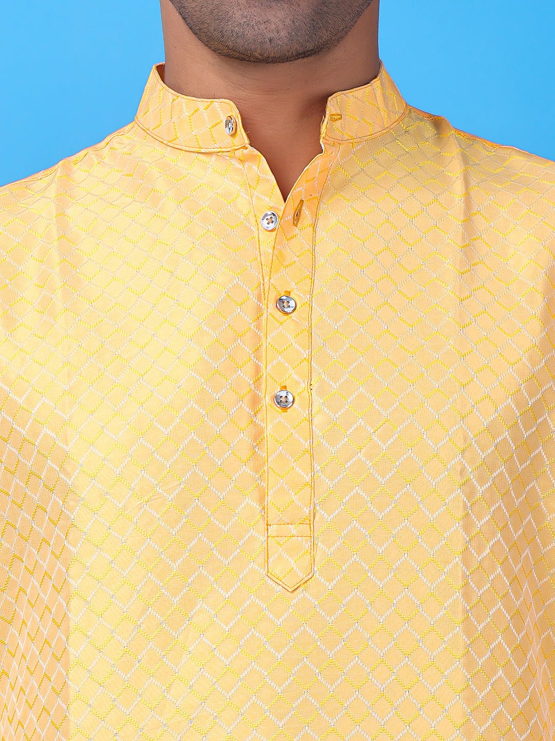 Hangup Men Partywear Weaved  Yellow Kurta Pyjama Set