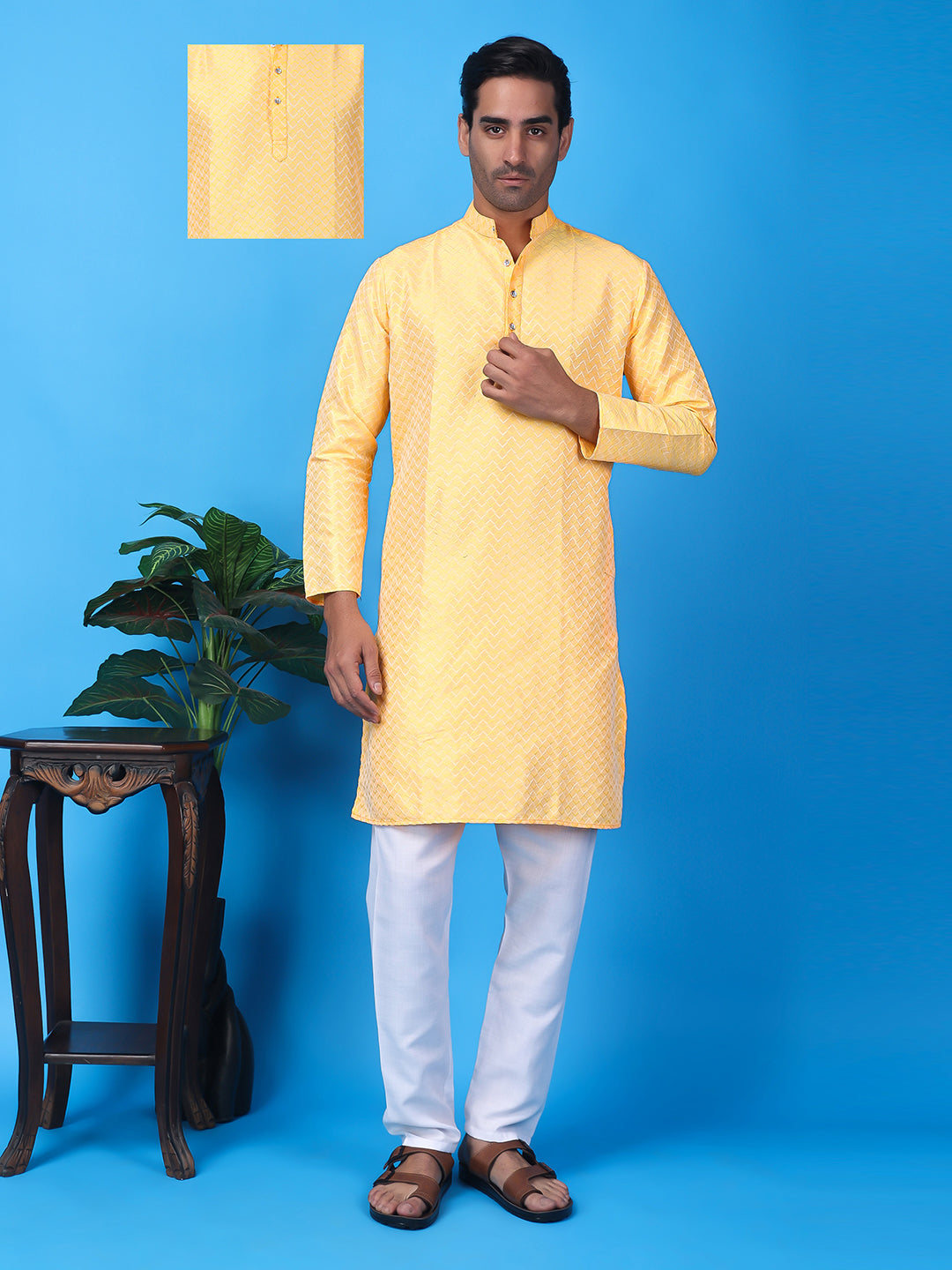 Hangup Men Partywear Weaved  Yellow Kurta Pyjama Set