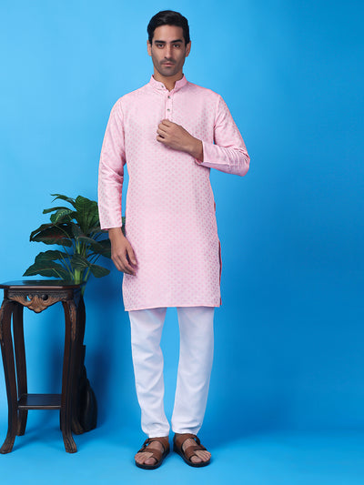 Hangup Men Partywear Weaved  Pink Kurta Pyjama Set