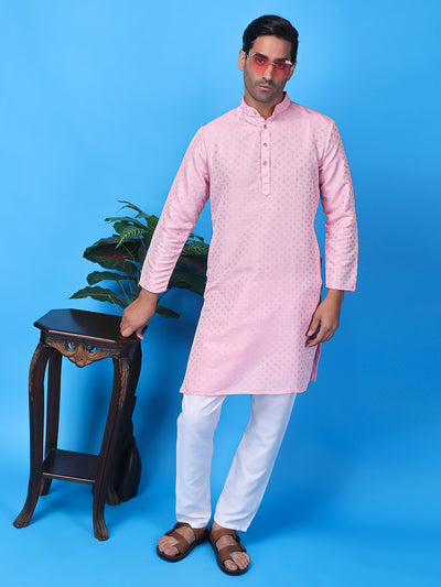 Hangup Men Partywear Weaved  Pink Kurta Pyjama Set