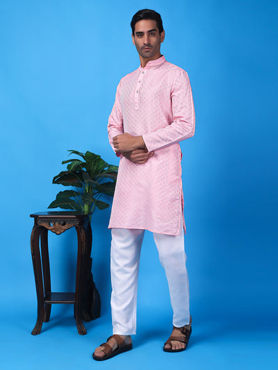 Hangup Men Partywear Weaved  Pink Kurta Pyjama Set