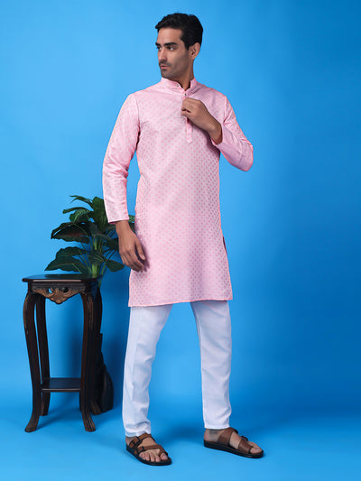 Hangup Men Partywear Weaved  Pink Kurta Pyjama Set