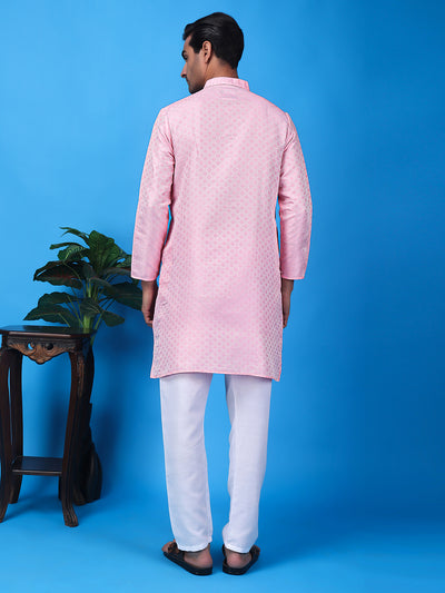 Hangup Men Partywear Weaved  Pink Kurta Pyjama Set