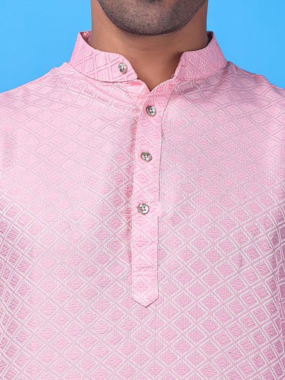 Hangup Men Partywear Weaved  Pink Kurta Pyjama Set