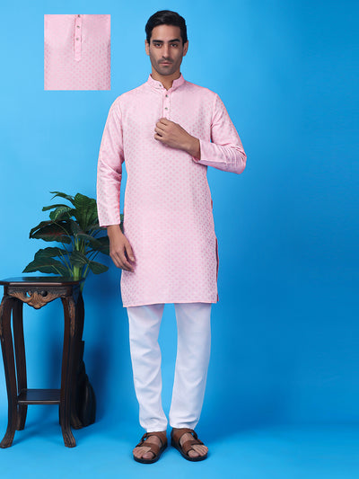 Hangup Men Partywear Weaved  Pink Kurta Pyjama Set