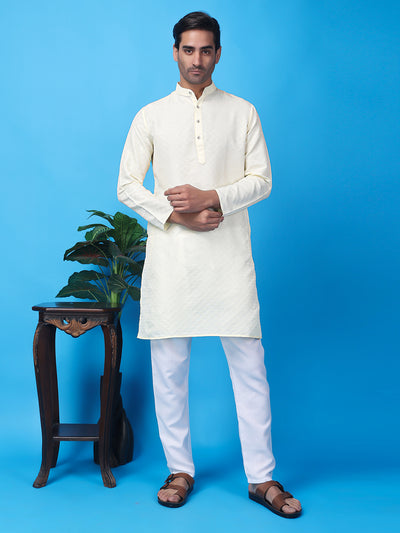 Hangup Men Partywear Weaved  White Kurta Pyjama Set