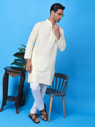 Hangup Men Partywear Weaved  White Kurta Pyjama Set