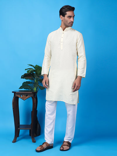 Hangup Men Partywear Weaved  White Kurta Pyjama Set