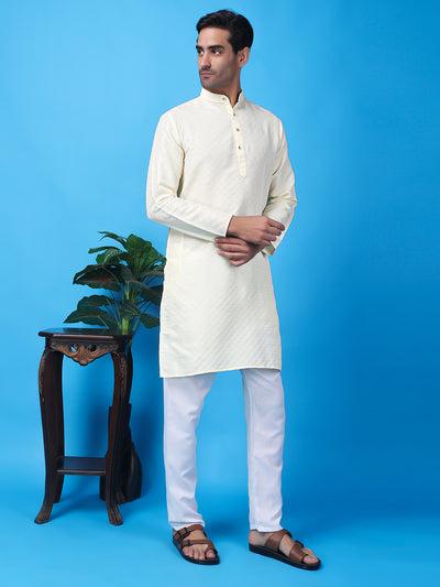 Hangup Men Partywear Weaved  White Kurta Pyjama Set