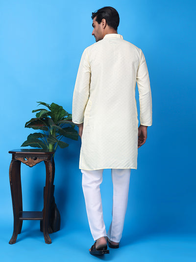 Hangup Men Partywear Weaved  White Kurta Pyjama Set