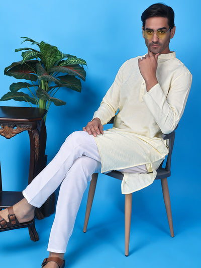 Hangup Men Partywear Weaved  White Kurta Pyjama Set