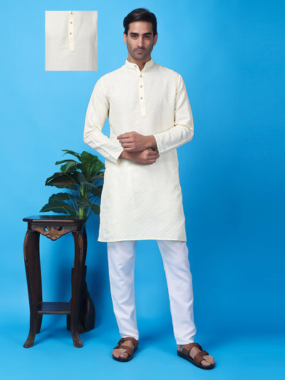 Hangup Men Partywear Weaved  White Kurta Pyjama Set