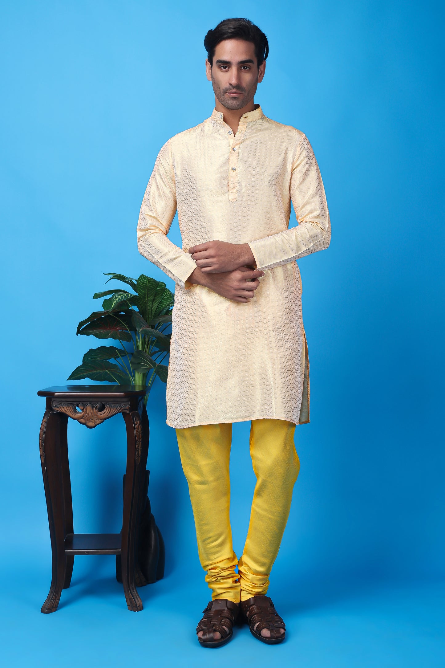 Hangup Men Partywear Weaved  OffWhite Kurta Pyjama Set