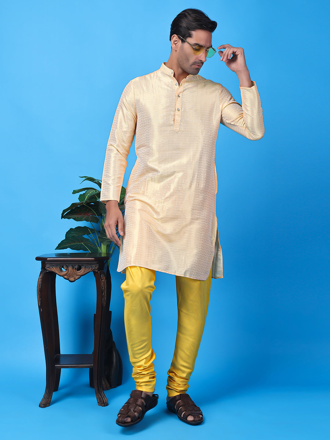 Hangup Men Partywear Weaved  OffWhite Kurta Pyjama Set