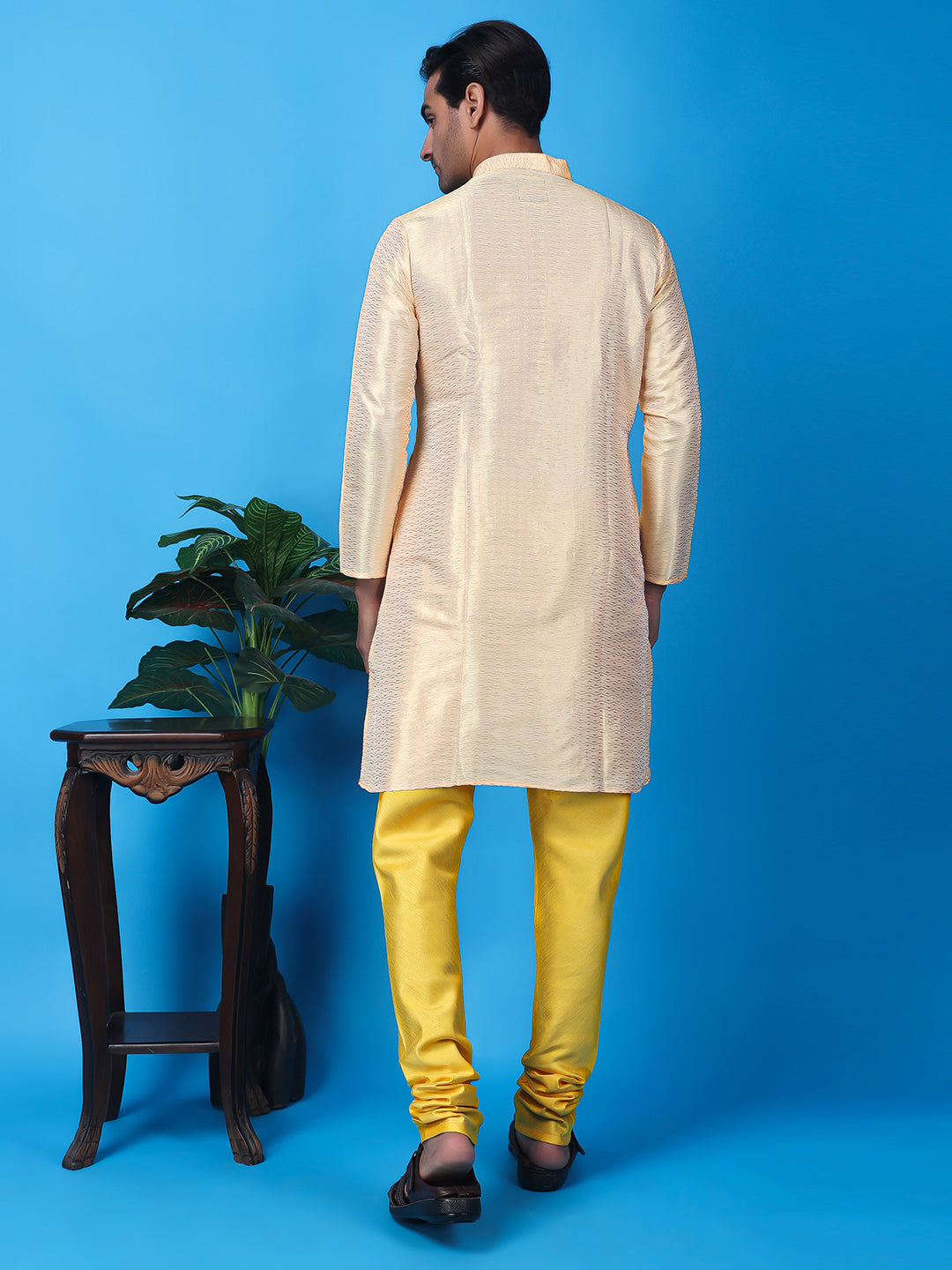 Hangup Men Partywear Weaved  OffWhite Kurta Pyjama Set