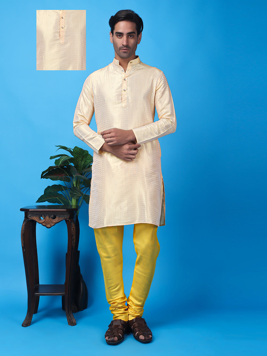 Hangup Men Partywear Weaved  OffWhite Kurta Pyjama Set