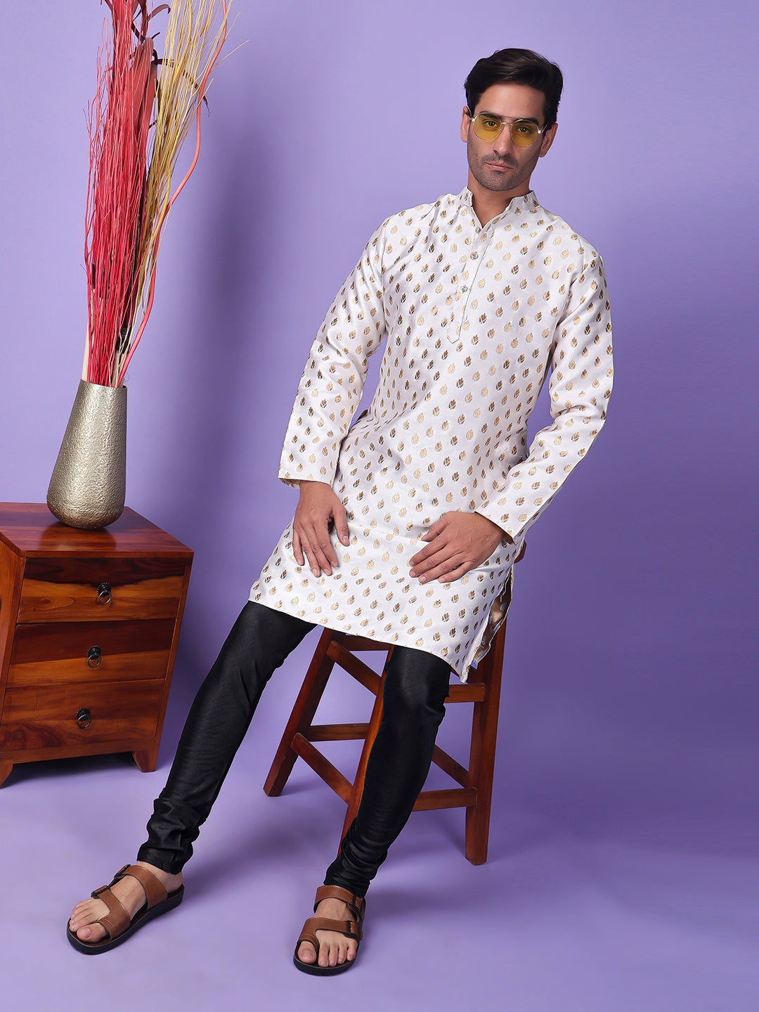 Hangup Men Partywear Weaved  Light Grey Kurta Pyjama Set