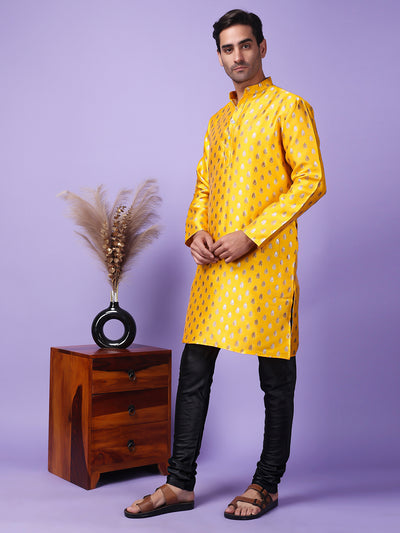 Hangup Men Partywear Weaved  Yellow Kurta Pyjama Set