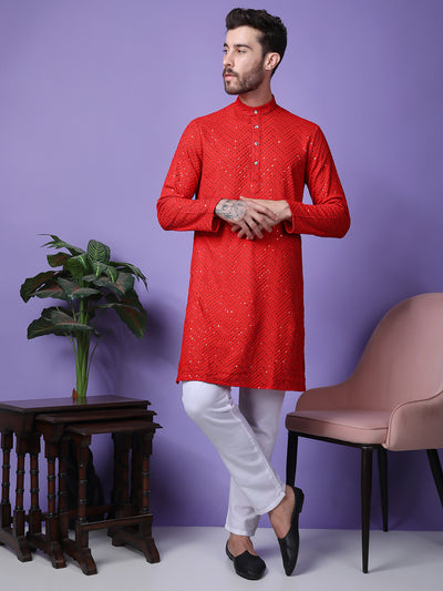 Hangup Men Partywear Embroidered  Red Kurta Pyjama Set