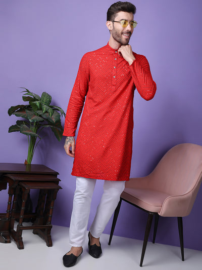 Hangup Men Partywear Embroidered  Red Kurta Pyjama Set