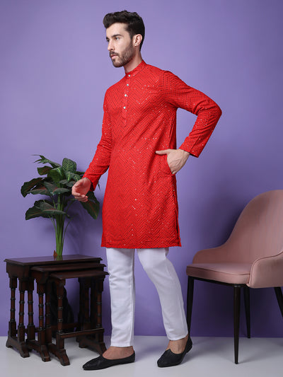 Hangup Men Partywear Embroidered  Red Kurta Pyjama Set