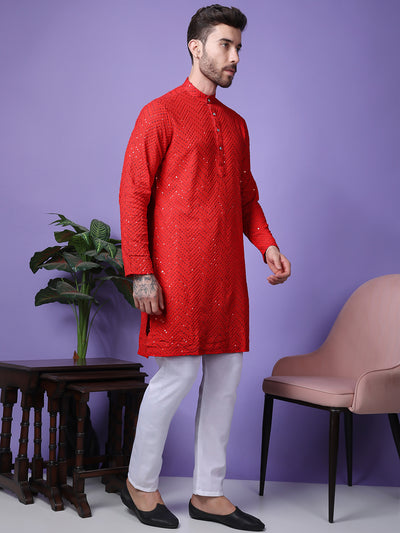 Hangup Men Partywear Embroidered  Red Kurta Pyjama Set