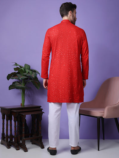 Hangup Men Partywear Embroidered  Red Kurta Pyjama Set