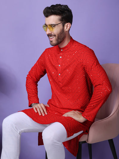 Hangup Men Partywear Embroidered  Red Kurta Pyjama Set