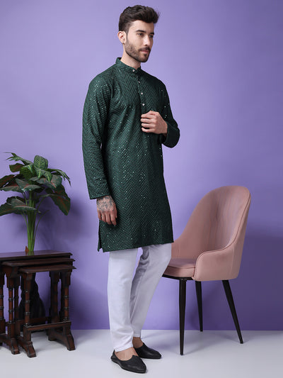 Hangup Men Partywear Embroidered  Dark Green Kurta Pyjama Set