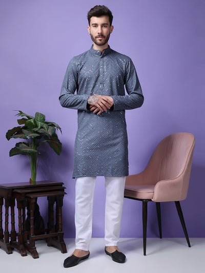 Hangup Men Partywear Embroidered  Grey Kurta Pyjama Set