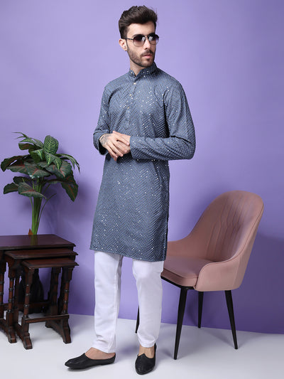 Hangup Men Partywear Embroidered  Grey Kurta Pyjama Set