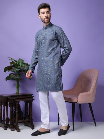 Hangup Men Partywear Embroidered  Grey Kurta Pyjama Set