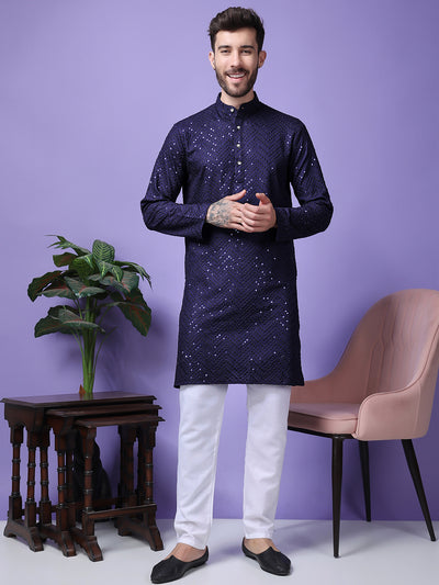 Hangup Men Partywear Embroidered  Navy Blue Kurta Pyjama Set