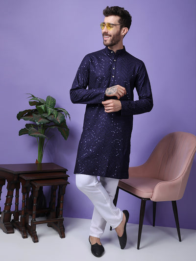 Hangup Men Partywear Embroidered  Navy Blue Kurta Pyjama Set