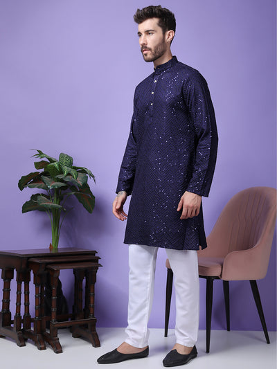 Hangup Men Partywear Embroidered  Navy Blue Kurta Pyjama Set