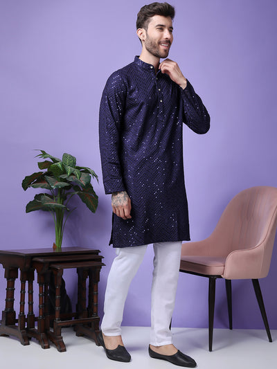 Hangup Men Partywear Embroidered  Navy Blue Kurta Pyjama Set