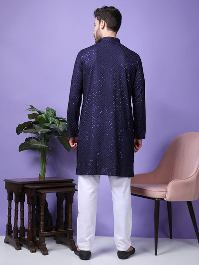 Hangup Men Partywear Embroidered  Navy Blue Kurta Pyjama Set