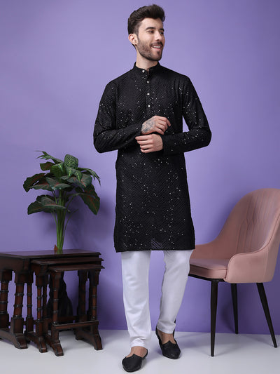 Hangup Men Partywear Embroidered  Black Kurta Pyjama Set