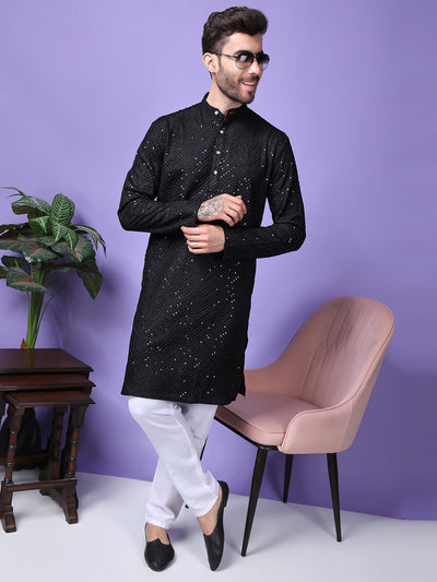 Hangup Men Partywear Embroidered  Black Kurta Pyjama Set