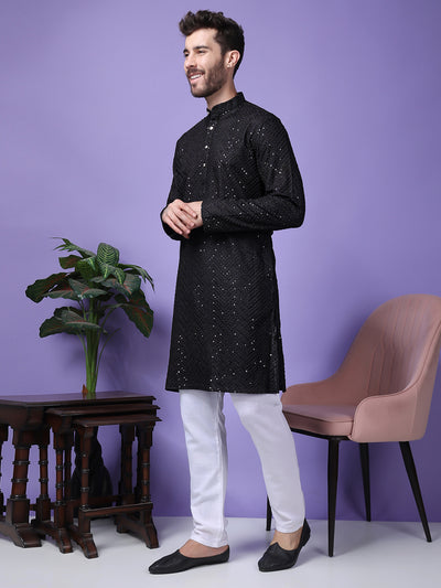 Hangup Men Partywear Embroidered  Black Kurta Pyjama Set