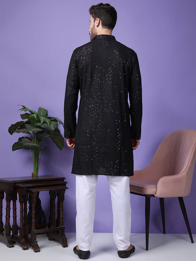 Hangup Men Partywear Embroidered  Black Kurta Pyjama Set