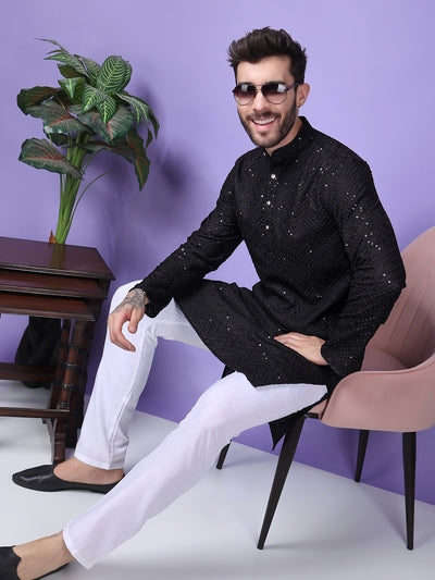 Hangup Men Partywear Embroidered  Black Kurta Pyjama Set