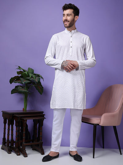 Hangup Men Partywear Embroidered  White Kurta Pyjama Set