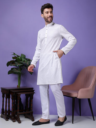 Hangup Men Partywear Embroidered  White Kurta Pyjama Set