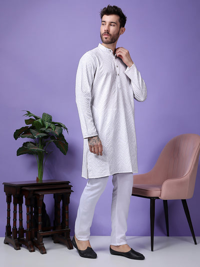 Hangup Men Partywear Embroidered  White Kurta Pyjama Set